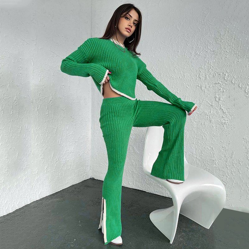 2023 Autumn Winter Knitted O-Neck Long Sleeve Sweater Top And Splice Pant Women Two Piece Pant Set