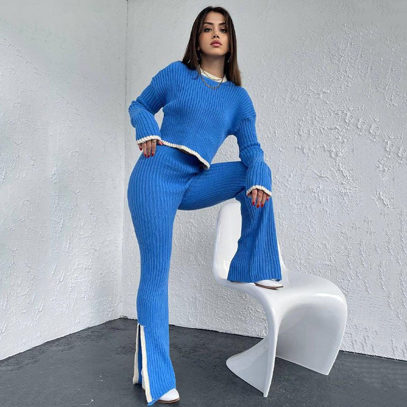 2023 Autumn Winter Knitted O-Neck Long Sleeve Sweater Top And Splice Pant Women Two Piece Pant Set