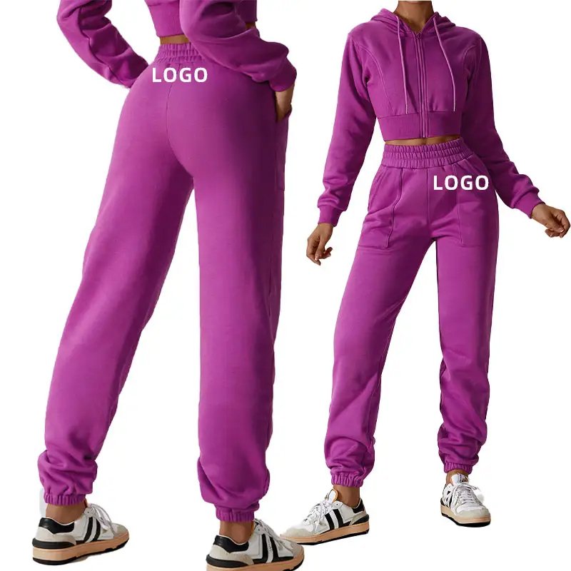 High Quality Tracksuits Crop Tops Hoodies and Jogging Sweatsuit Set Women Fleece Casual 2 Piece Jogger Set