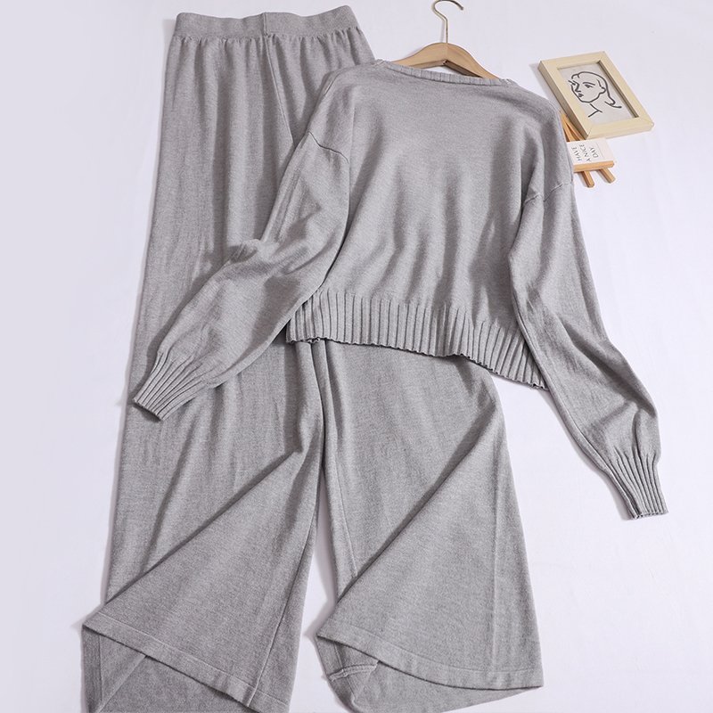 Wholesale 2024 Autumn New Fashionable High Waist Loose Wide Leg Pants Round Neck Versatile Long Sleeve Knitted Shirt Women's Set