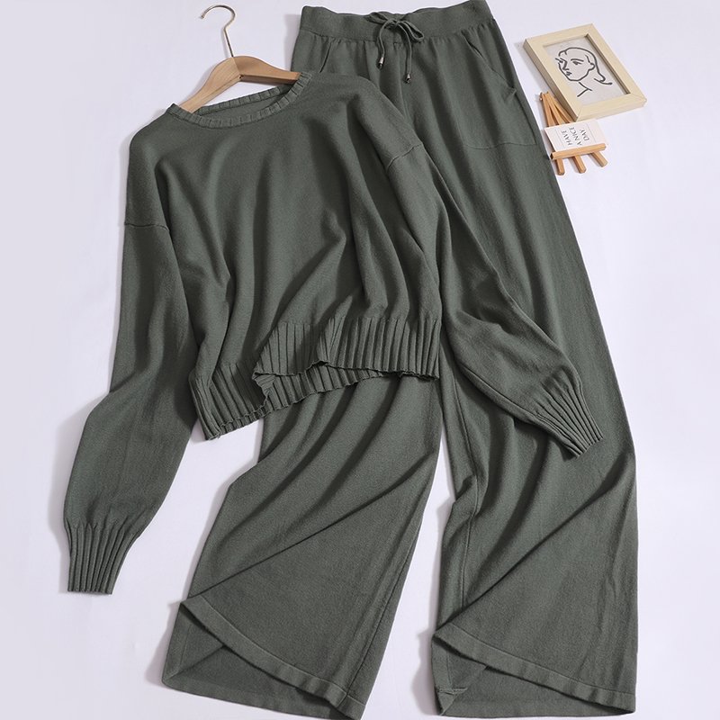Wholesale 2024 Autumn New Fashionable High Waist Loose Wide Leg Pants Round Neck Versatile Long Sleeve Knitted Shirt Women's Set