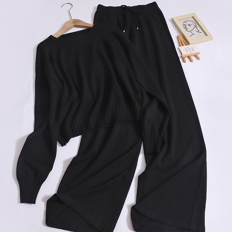 Wholesale 2024 Autumn New Fashionable High Waist Loose Wide Leg Pants Round Neck Versatile Long Sleeve Knitted Shirt Women's Set