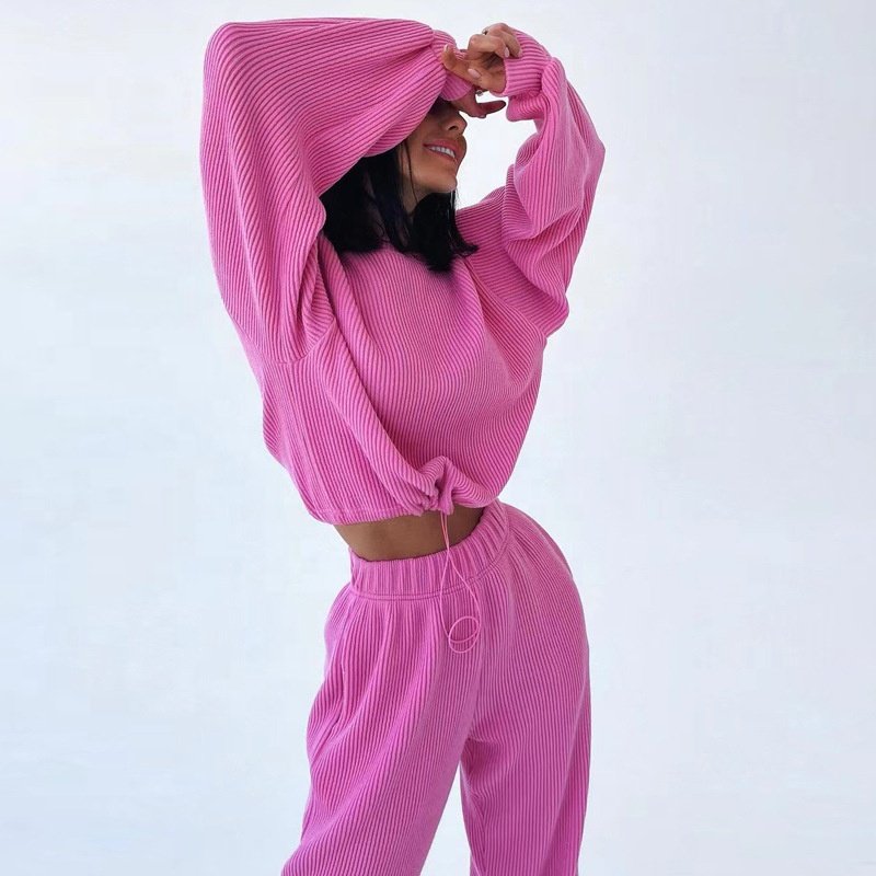 Wholesale OEM Custom Logo Sportswear Pink Fashion 2 piece sets women Vintage Corduroy Oversize Crop Top Jogger set