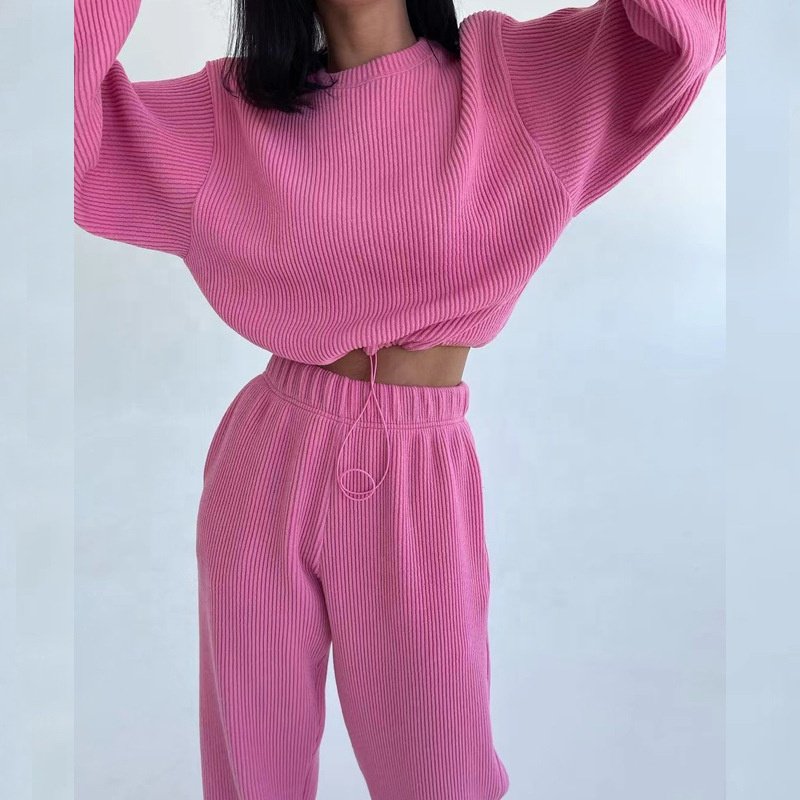 Wholesale OEM Custom Logo Sportswear Pink Fashion 2 piece sets women Vintage Corduroy Oversize Crop Top Jogger set