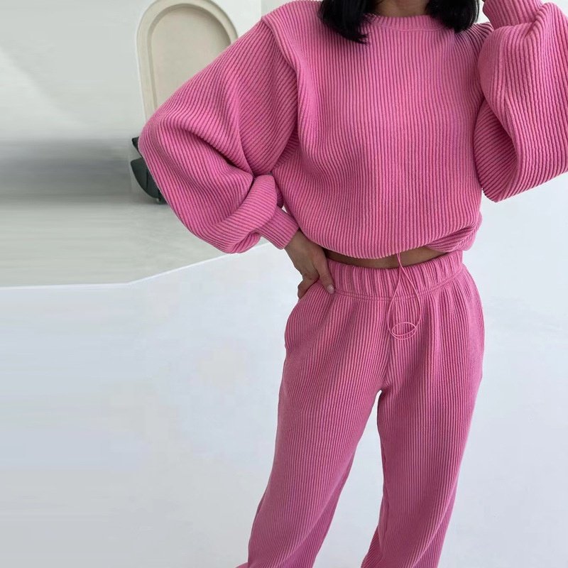 Wholesale OEM Custom Logo Sportswear Pink Fashion 2 piece sets women Vintage Corduroy Oversize Crop Top Jogger set