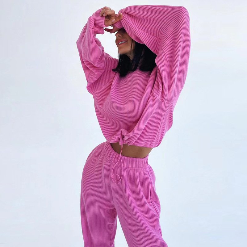 Wholesale OEM Custom Logo Sportswear Pink Fashion 2 piece sets women Vintage Corduroy Oversize Crop Top Jogger set