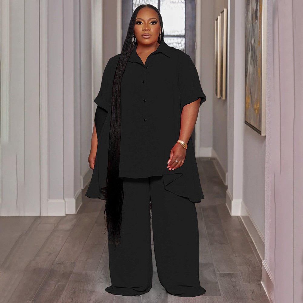 dropshipping lady women clothing casual temperament plus size short sleeve shirt top wide leg pants two piece women's sets
