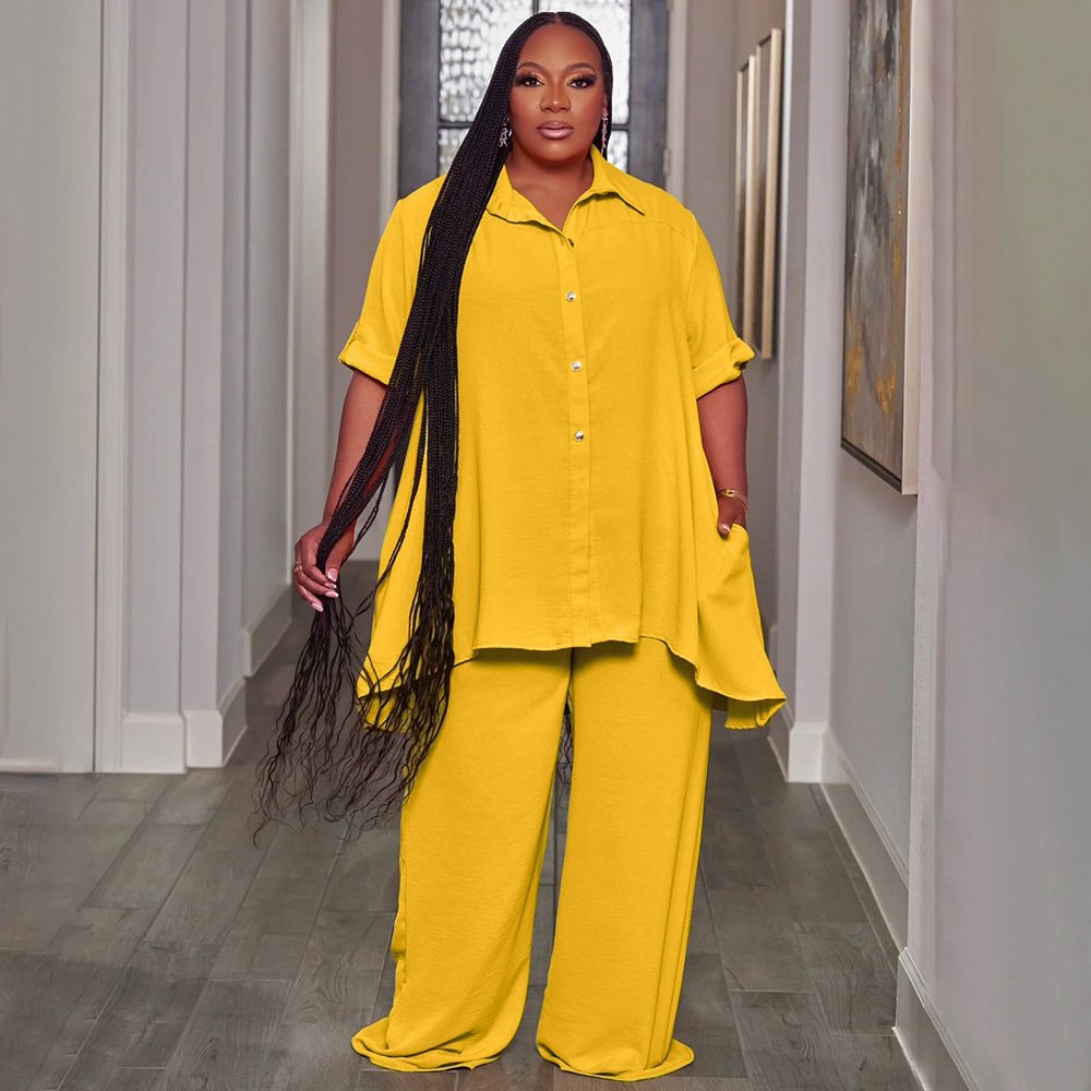 dropshipping lady women clothing casual temperament plus size short sleeve shirt top wide leg pants two piece women's sets