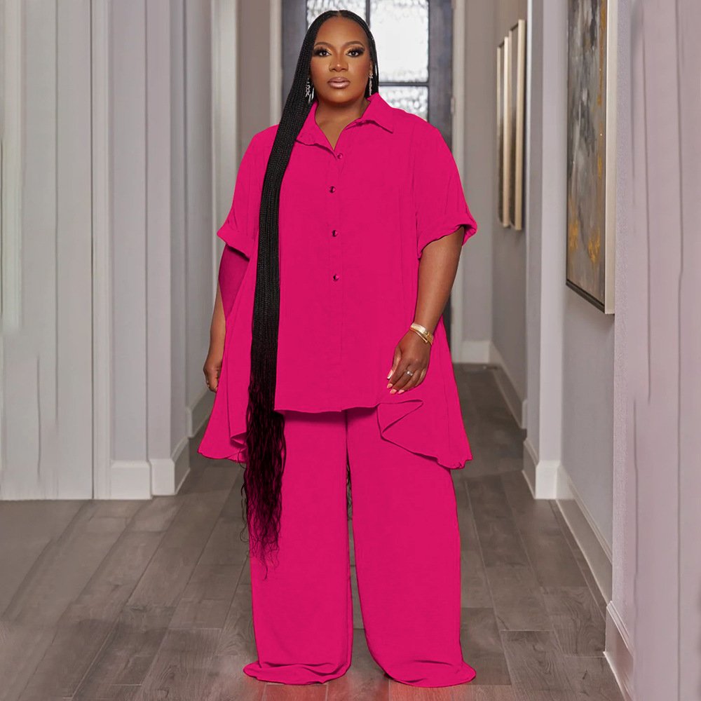 dropshipping lady women clothing casual temperament plus size short sleeve shirt top wide leg pants two piece women's sets
