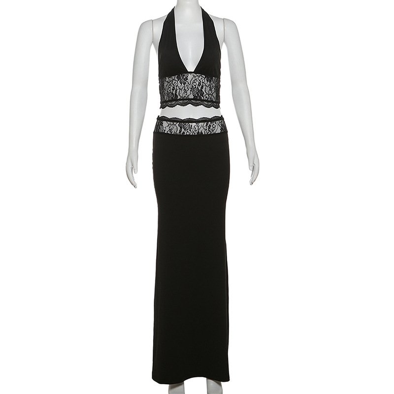 FS14478D sexy halter crop tops lace patchwork skirts women's sets
