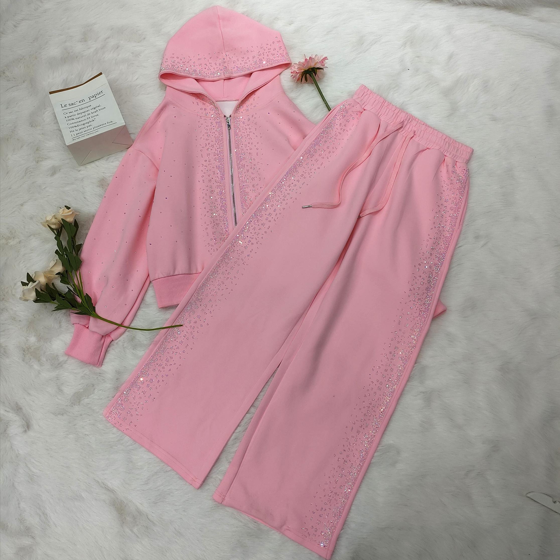 Design Luxury Bling Rhinestones Clothes Woman Custom Rhinestone Sportswear Tracksuit Hoodie Set