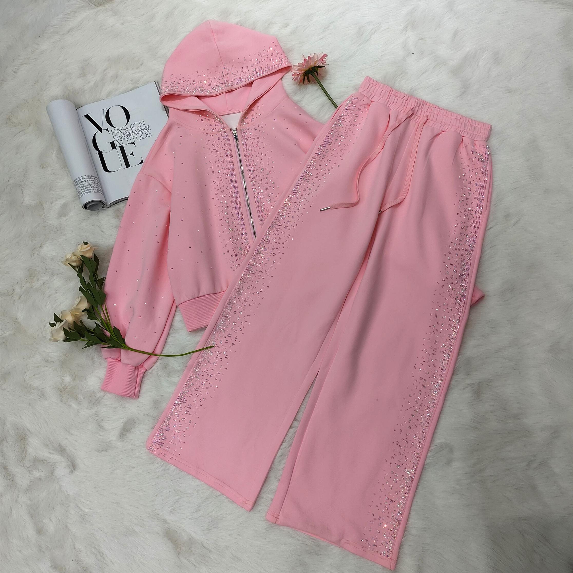 Design Luxury Bling Rhinestones Clothes Woman Custom Rhinestone Sportswear Tracksuit Hoodie Set
