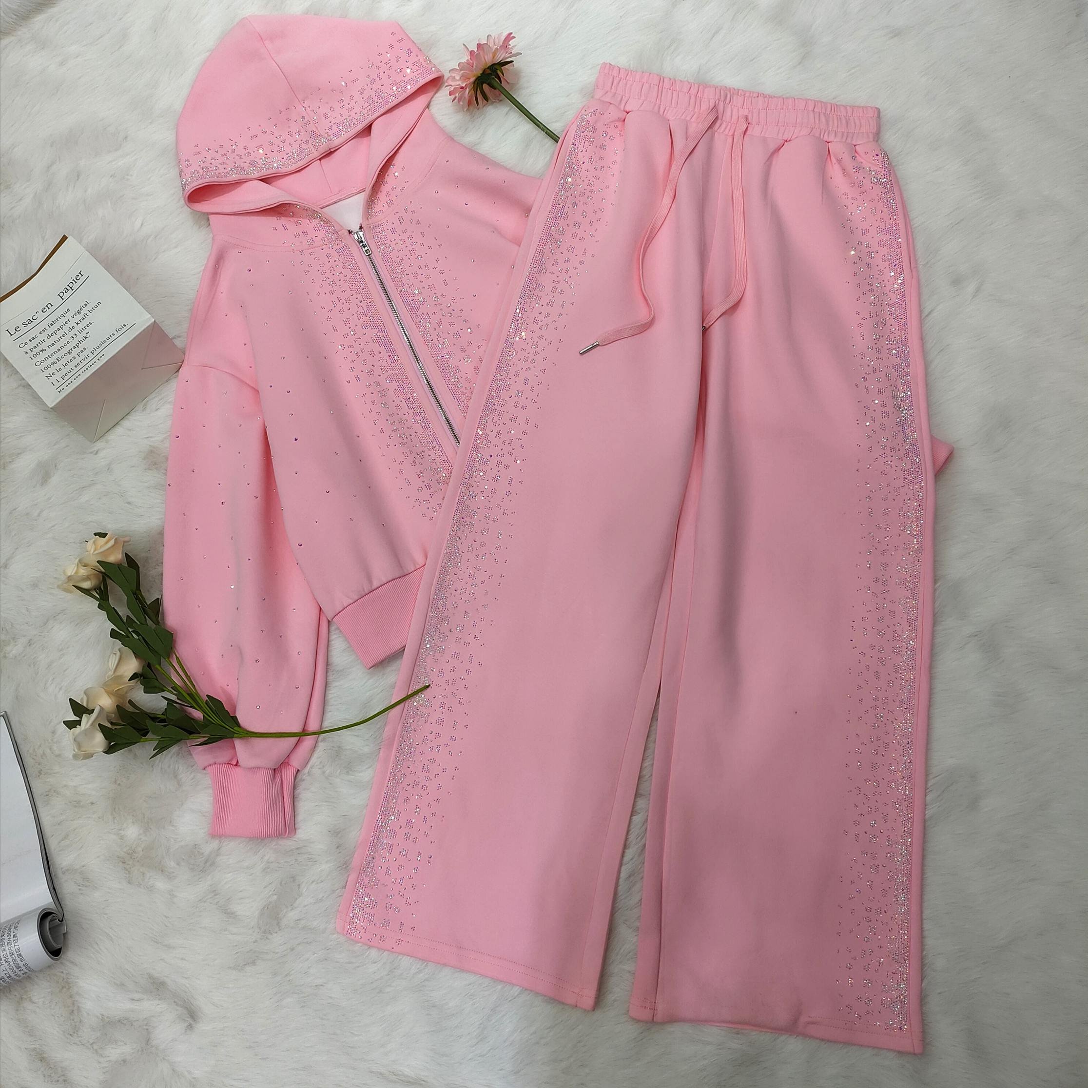 Design Luxury Bling Rhinestones Clothes Woman Custom Rhinestone Sportswear Tracksuit Hoodie Set