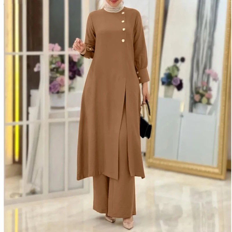 2 Piece Long Shirt Set Islamic Dresses Women's Demure Abaya Loose Cardigan Top Wide Leg Pants Muslim 2 Piece Set