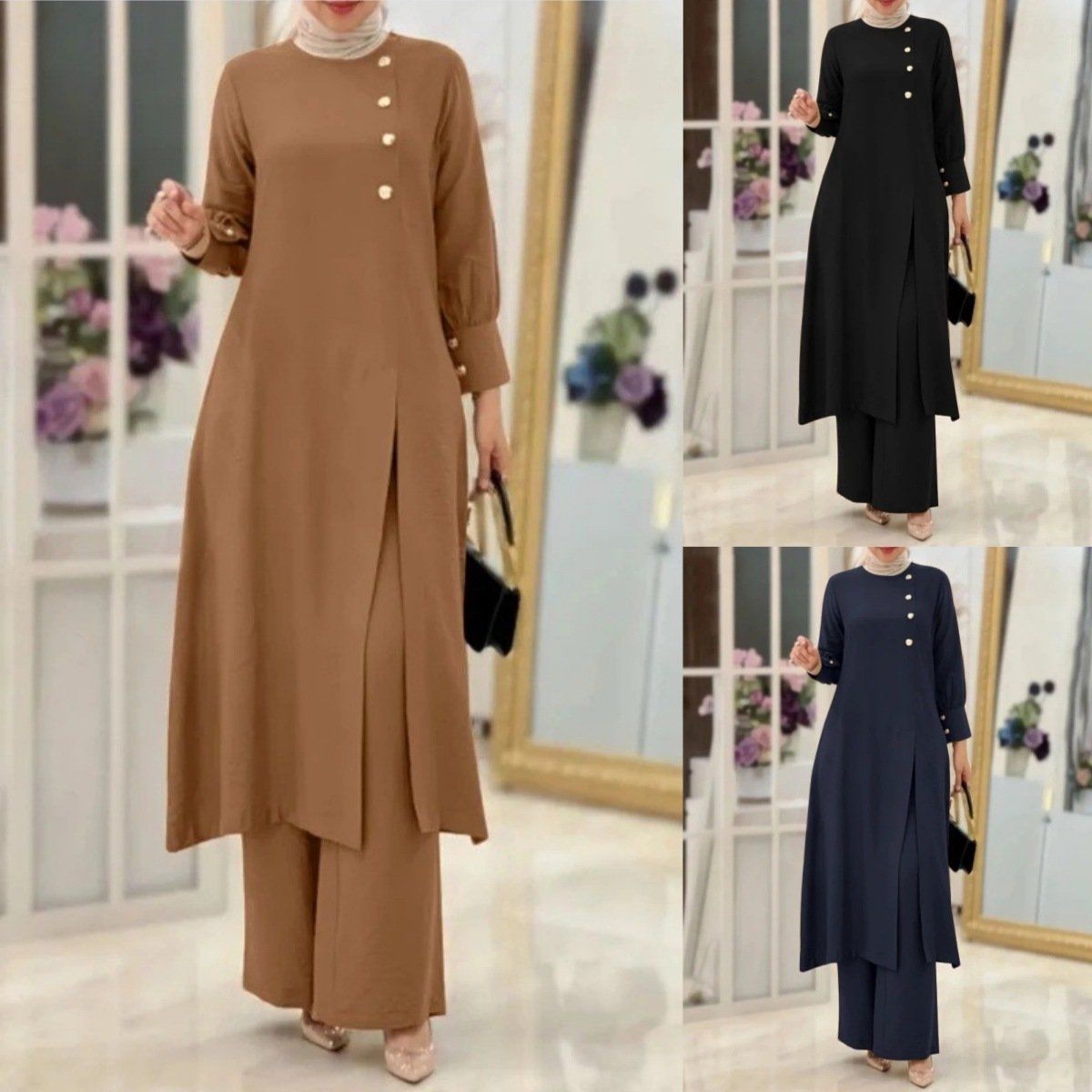 2 Piece Long Shirt Set Islamic Dresses Women's Demure Abaya Loose Cardigan Top Wide Leg Pants Muslim 2 Piece Set