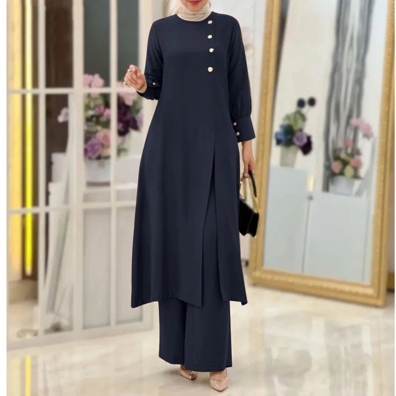 2 Piece Long Shirt Set Islamic Dresses Women's Demure Abaya Loose Cardigan Top Wide Leg Pants Muslim 2 Piece Set