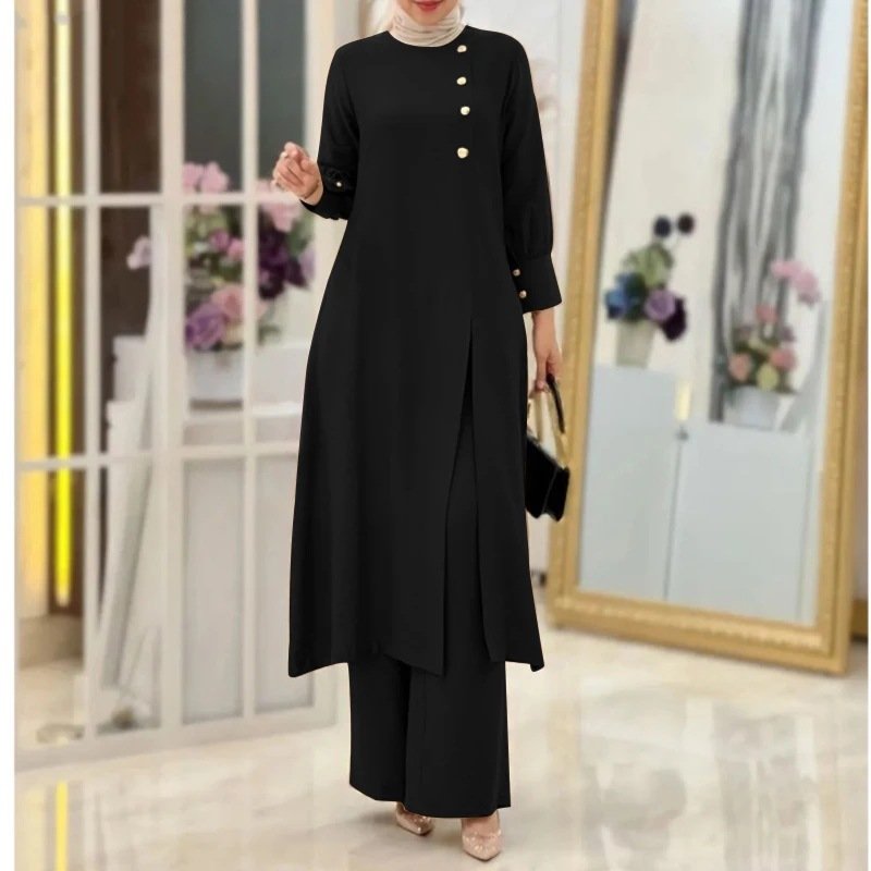 2 Piece Long Shirt Set Islamic Dresses Women's Demure Abaya Loose Cardigan Top Wide Leg Pants Muslim 2 Piece Set
