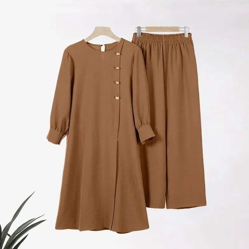 2 Piece Long Shirt Set Islamic Dresses Women's Demure Abaya Loose Cardigan Top Wide Leg Pants Muslim 2 Piece Set