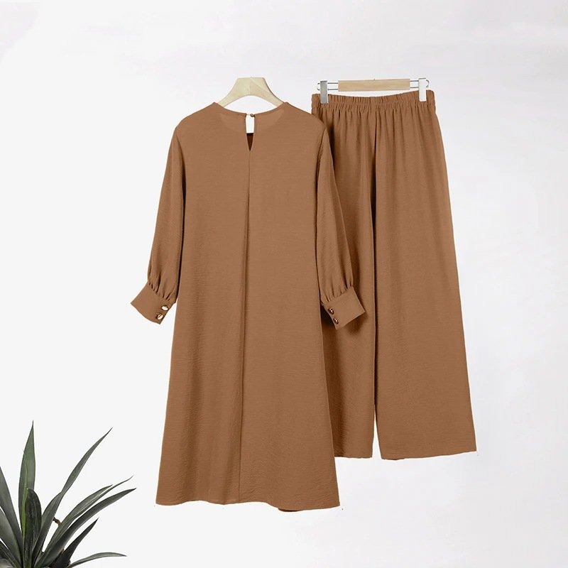 2 Piece Long Shirt Set Islamic Dresses Women's Demure Abaya Loose Cardigan Top Wide Leg Pants Muslim 2 Piece Set