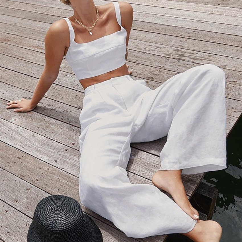 Casual Custom Cotton Women's Clothing 2 Piece Set Women Halter Cami Loose Long Pant Set Outfits Linen Women's Sets
