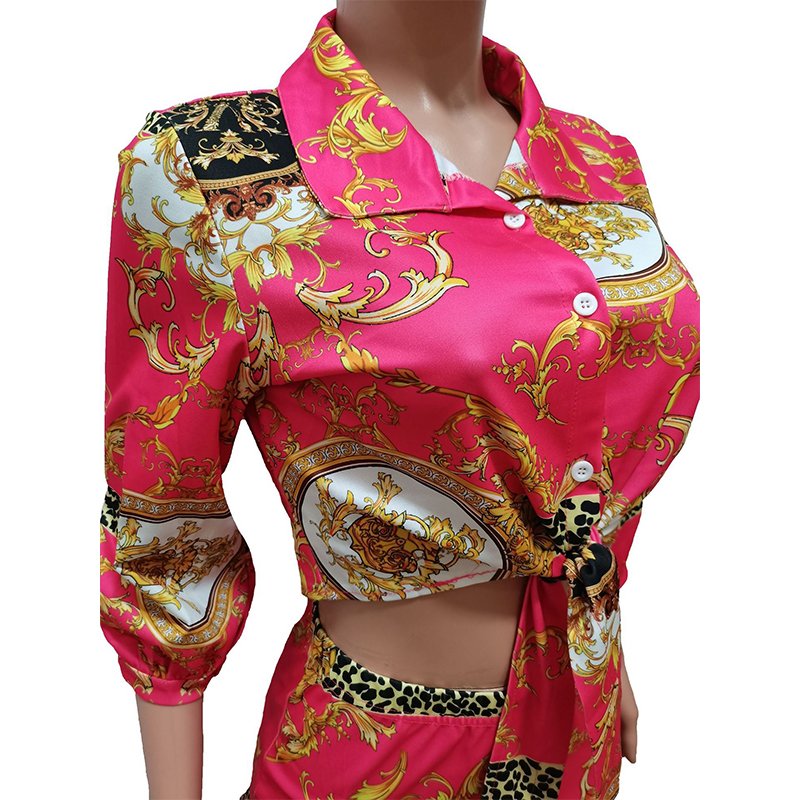 2023 Hot Sale Print Two Piece Outfits Set Long Sleeve Button Shirts Tops And Sexy Ruffled Miniskirts Women's Sets