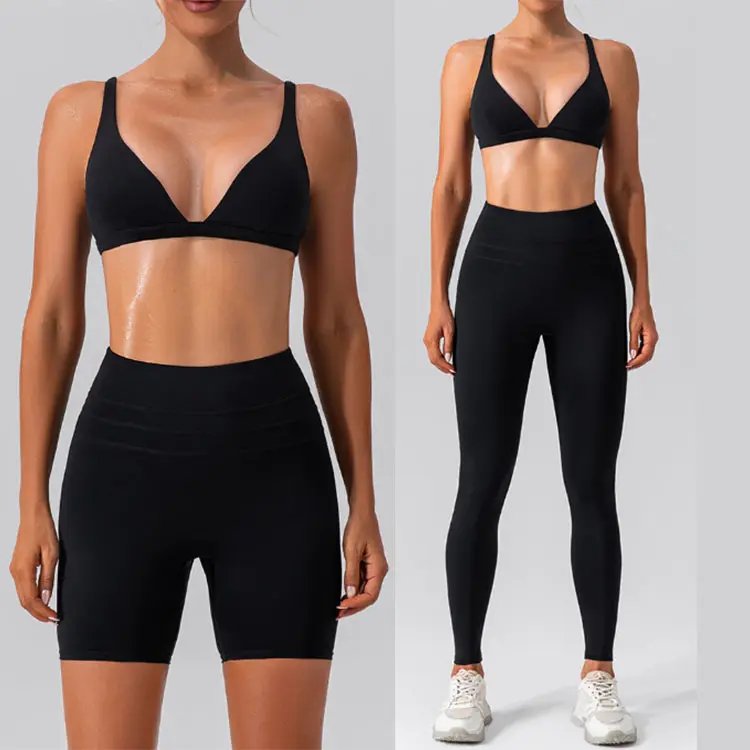 Aoyema Mix matching workout tracksuit 3pcs scrunch crossover Yoga Sets Fitness Women Athletic Wear Fitness Sportswear