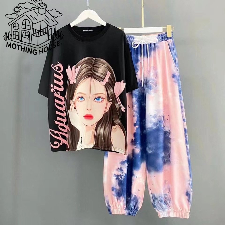 Casual Fashion Sports Suit Women's Cartoon Full Print Color-matching T-shirt Trousers Two-piece Set