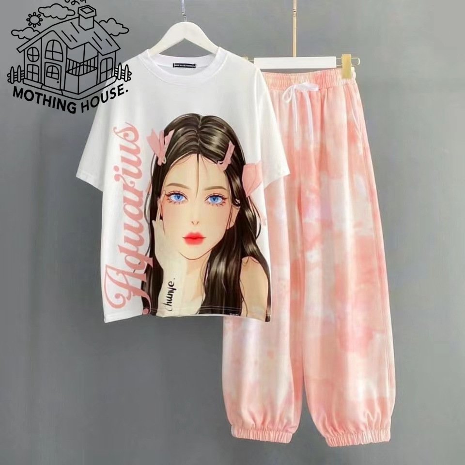 Casual Fashion Sports Suit Women's Cartoon Full Print Color-matching T-shirt Trousers Two-piece Set