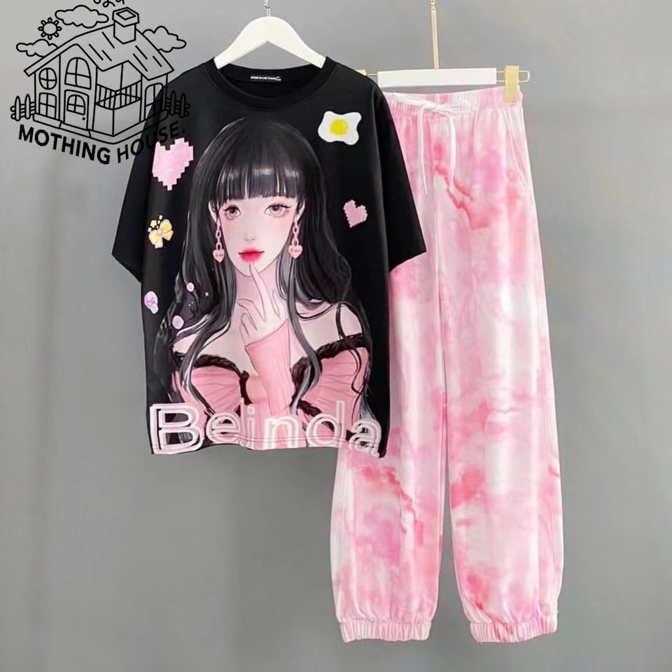 Casual Fashion Sports Suit Women's Cartoon Full Print Color-matching T-shirt Trousers Two-piece Set