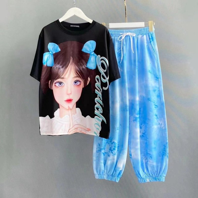 Casual Fashion Sports Suit Women's Cartoon Full Print Color-matching T-shirt Trousers Two-piece Set