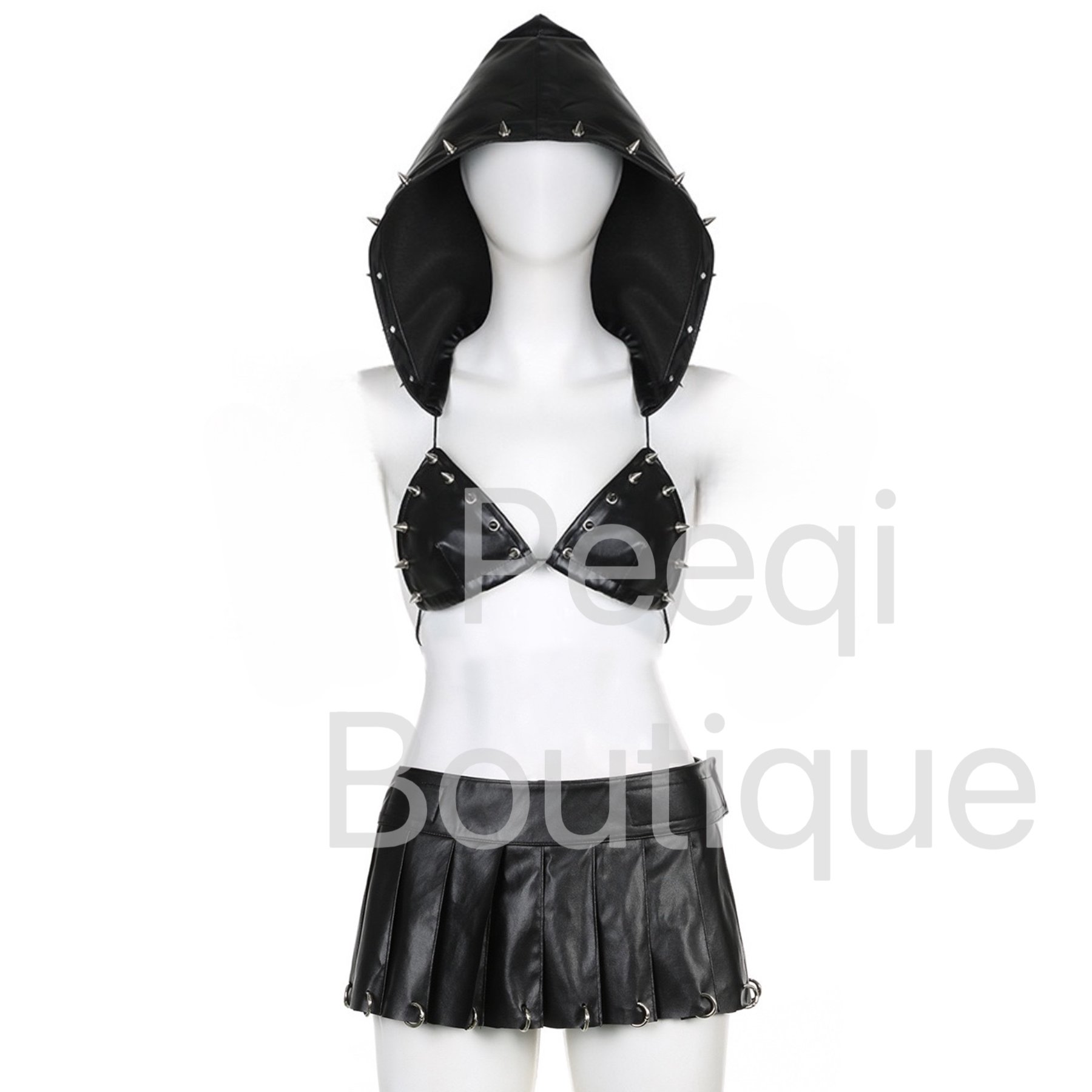 Peeqi women hoodie tops bra and pleated skirt and necklace PU leather 3 pieces set women sexy outfits streetwear party club wear