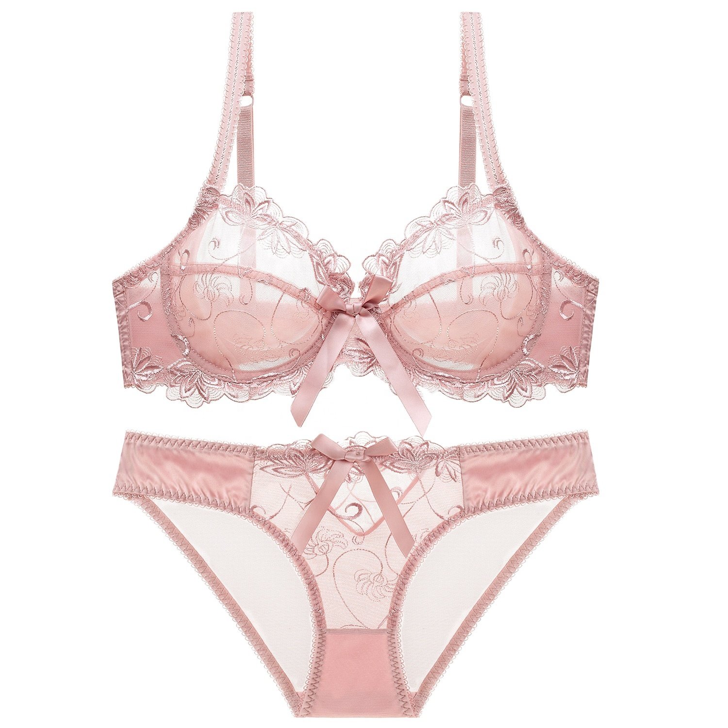 Dynamics Hot sale women plus size ultra-thin transparent embroidery breathable sexy lace underwire non padded bra & briefs set