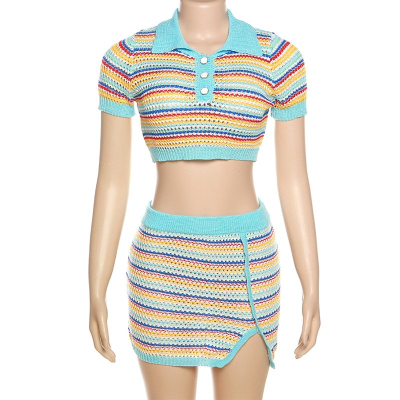 New 2 Piece Set Color Blocking Women Casual Skirt Sets Crop Top skirt Knitted Outfit Women's Sets
