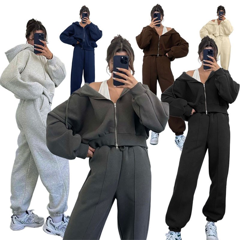 Winter Solid Color Hooded Plus Size Women'S Sets Thick Sweatshirt Women'S Clothing Fashion Casual Custom Logo Tracksuits