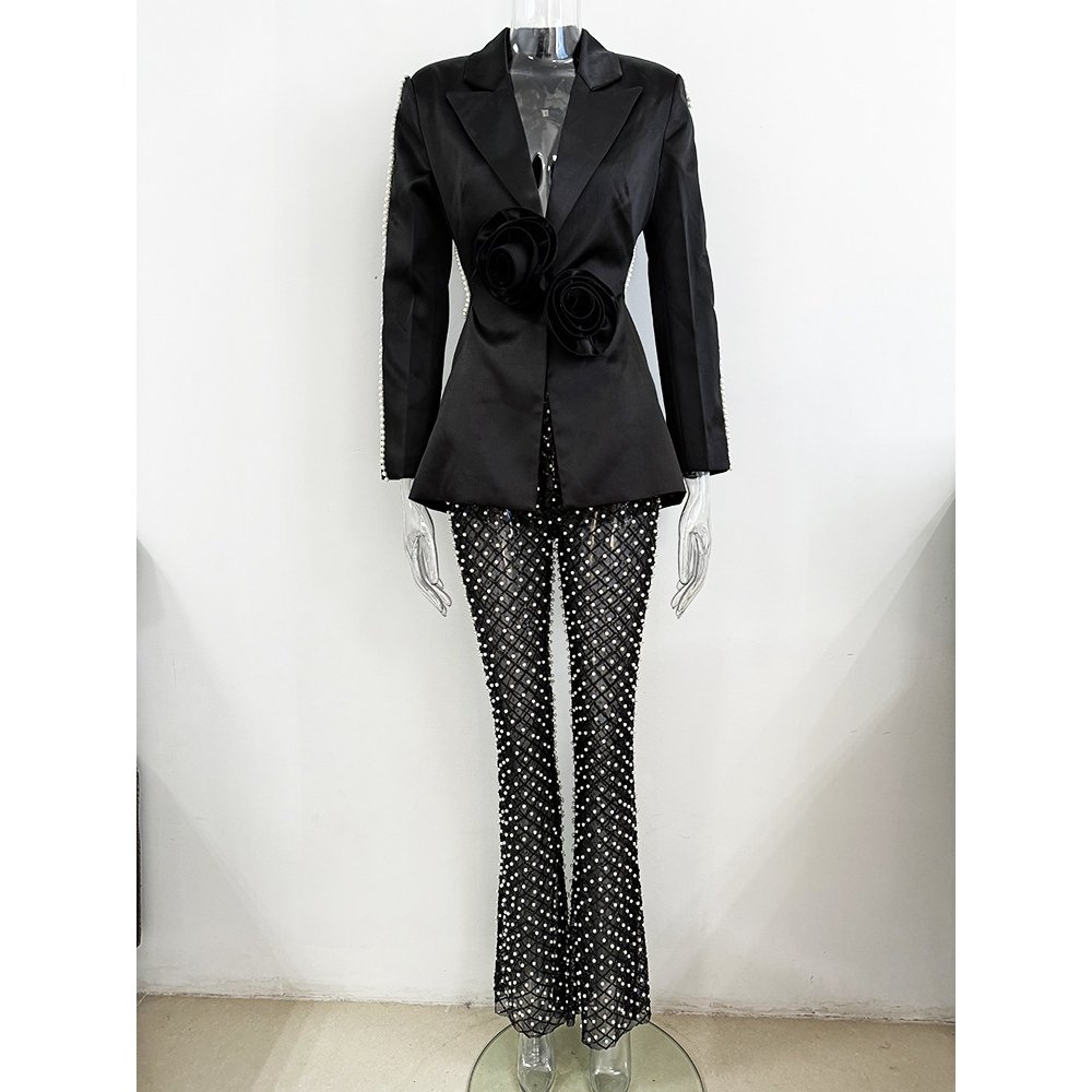 New Fashion Hollow Beading 3D Flower Women's Blazer Suit Pearl Sequins Mesh Women's Trousers Sehe Fashion