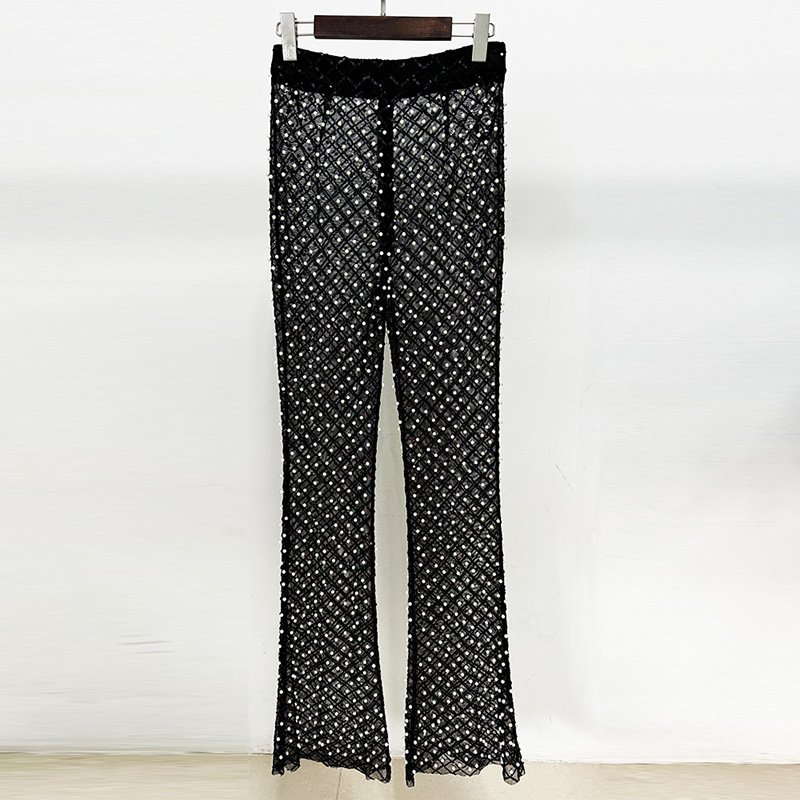 New Fashion Hollow Beading 3D Flower Women's Blazer Suit Pearl Sequins Mesh Women's Trousers Sehe Fashion
