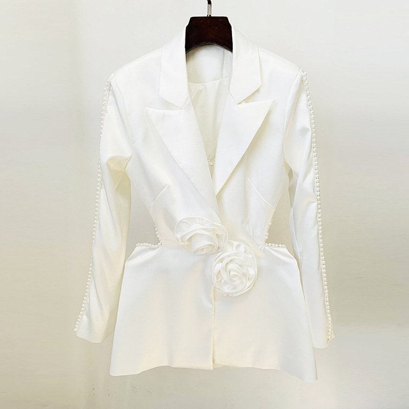 New Fashion Hollow Beading 3D Flower Women's Blazer Suit Pearl Sequins Mesh Women's Trousers Sehe Fashion