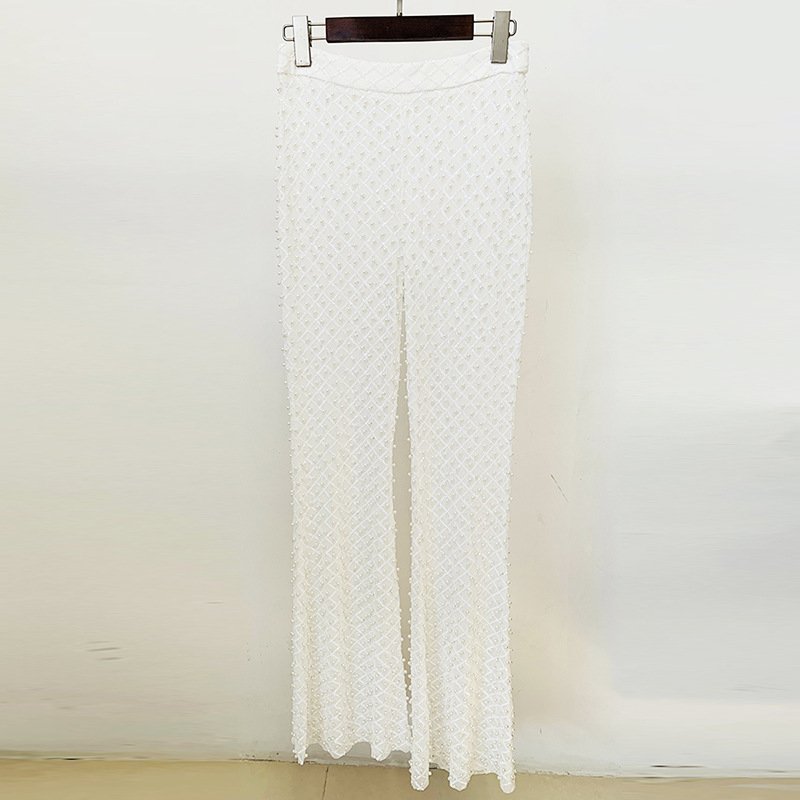 New Fashion Hollow Beading 3D Flower Women's Blazer Suit Pearl Sequins Mesh Women's Trousers Sehe Fashion