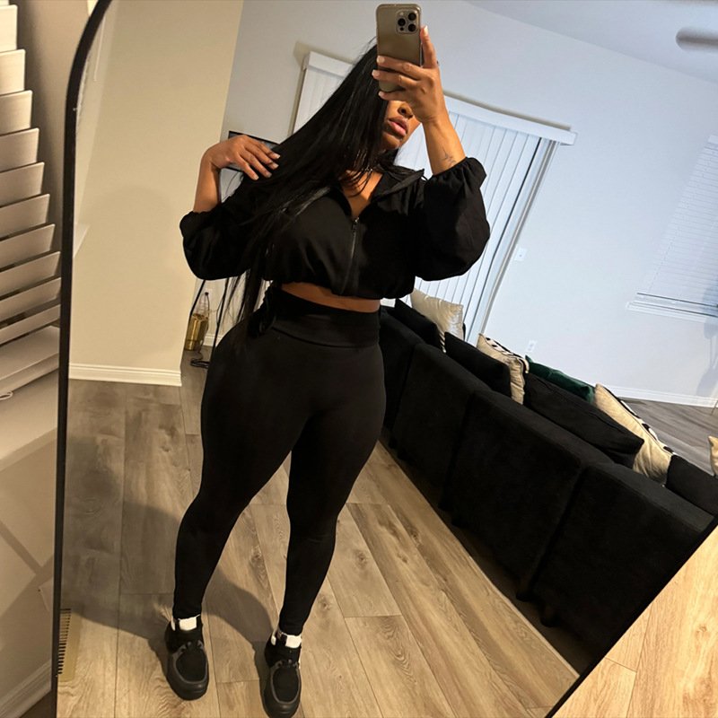 Bomblook Z807ST Solid Color 2024 Streetwear New Drawstring Waist Navel Top + High Waist Tights Pants Set Women's 2 piece Set