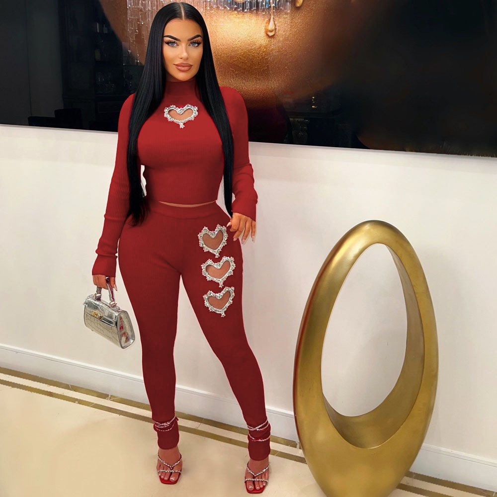 2024 Casual Sexy Hollow Out Heart Shape Two-piece Legging Set With Long Crop Top And Tight Legging Pants