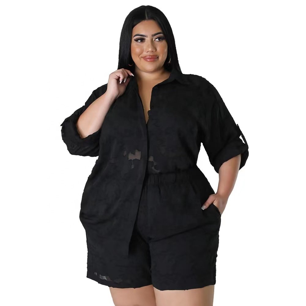 ZHEZHE Solid color plus size women's sets long sleeve chiffon jacquard tops and biker shorts women 2 piece set lounge wear