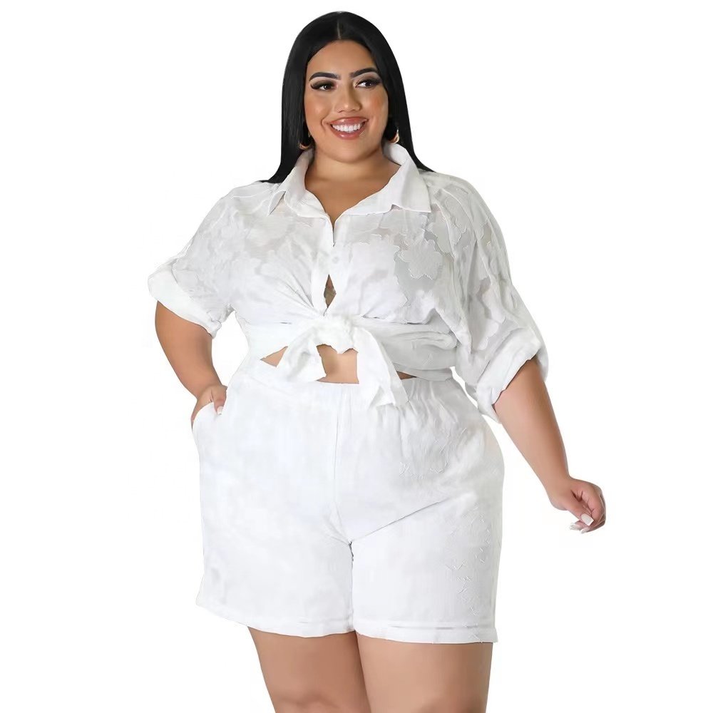 ZHEZHE Solid color plus size women's sets long sleeve chiffon jacquard tops and biker shorts women 2 piece set lounge wear