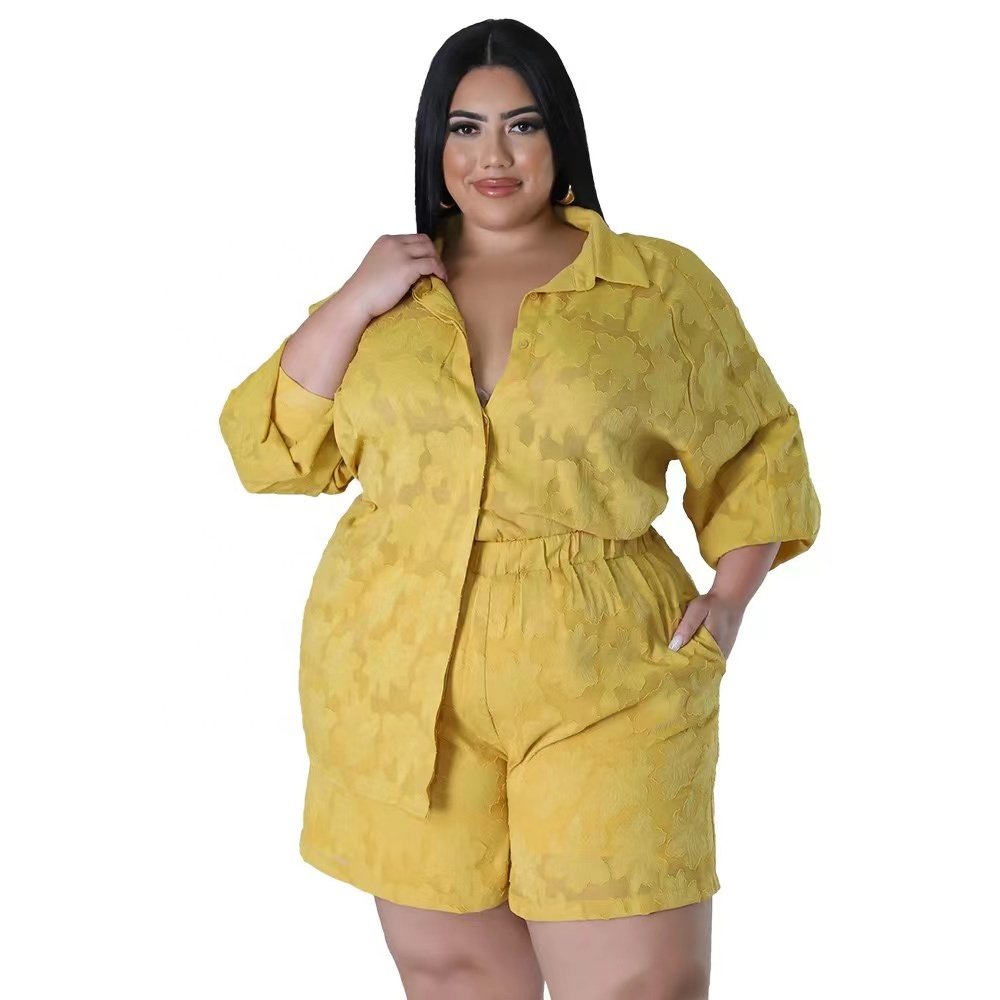 ZHEZHE Solid color plus size women's sets long sleeve chiffon jacquard tops and biker shorts women 2 piece set lounge wear
