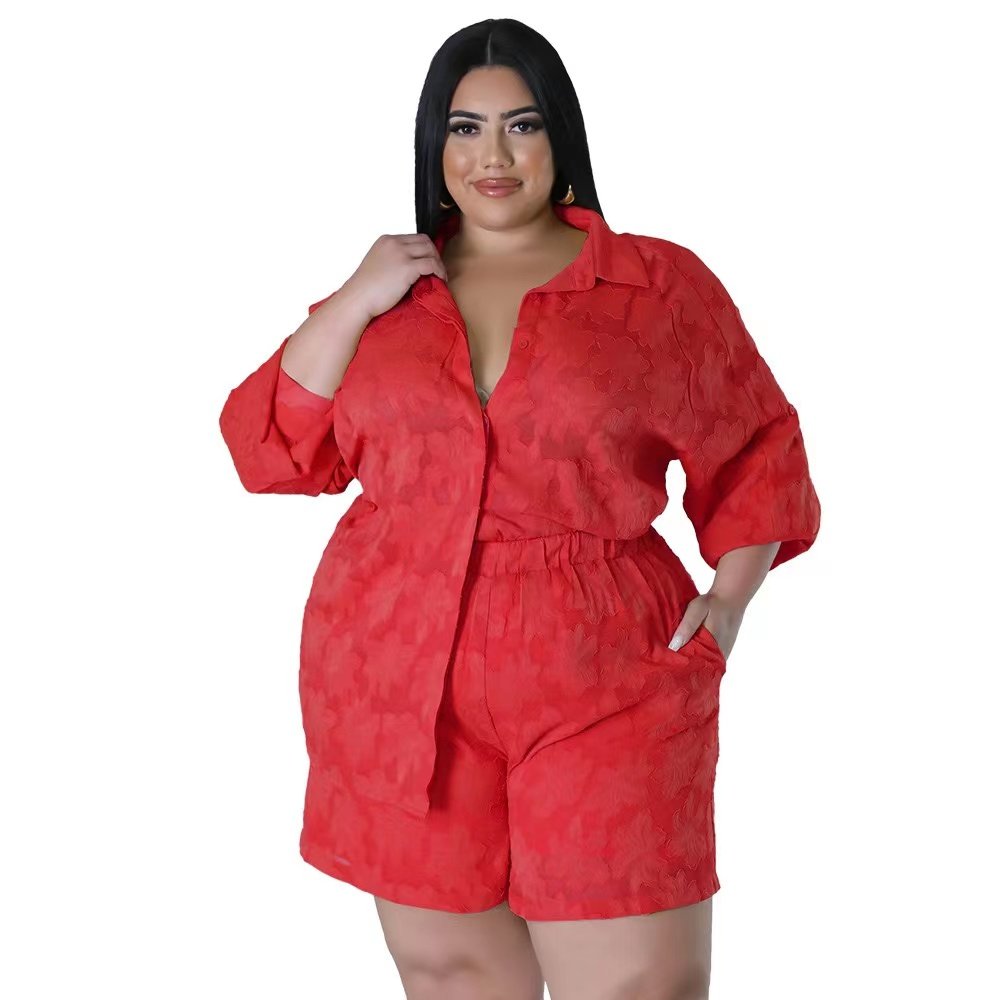 ZHEZHE Solid color plus size women's sets long sleeve chiffon jacquard tops and biker shorts women 2 piece set lounge wear