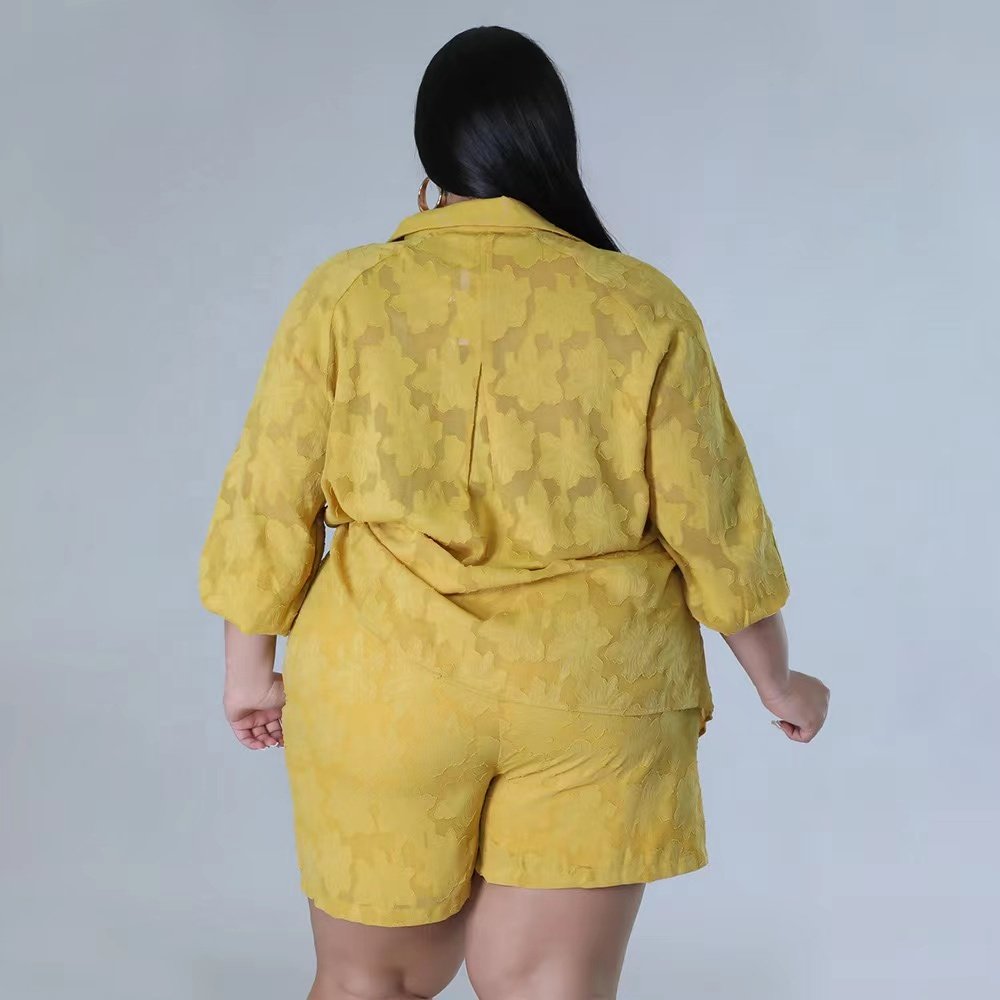 ZHEZHE Solid color plus size women's sets long sleeve chiffon jacquard tops and biker shorts women 2 piece set lounge wear
