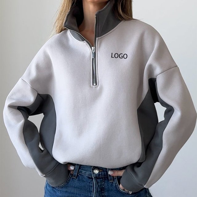 High Quality Organic Cotton Women's Fleece Hoodie Half Zip Pullover Color Blocking Sweatshirt Custom Logo Winter Autumn Spring