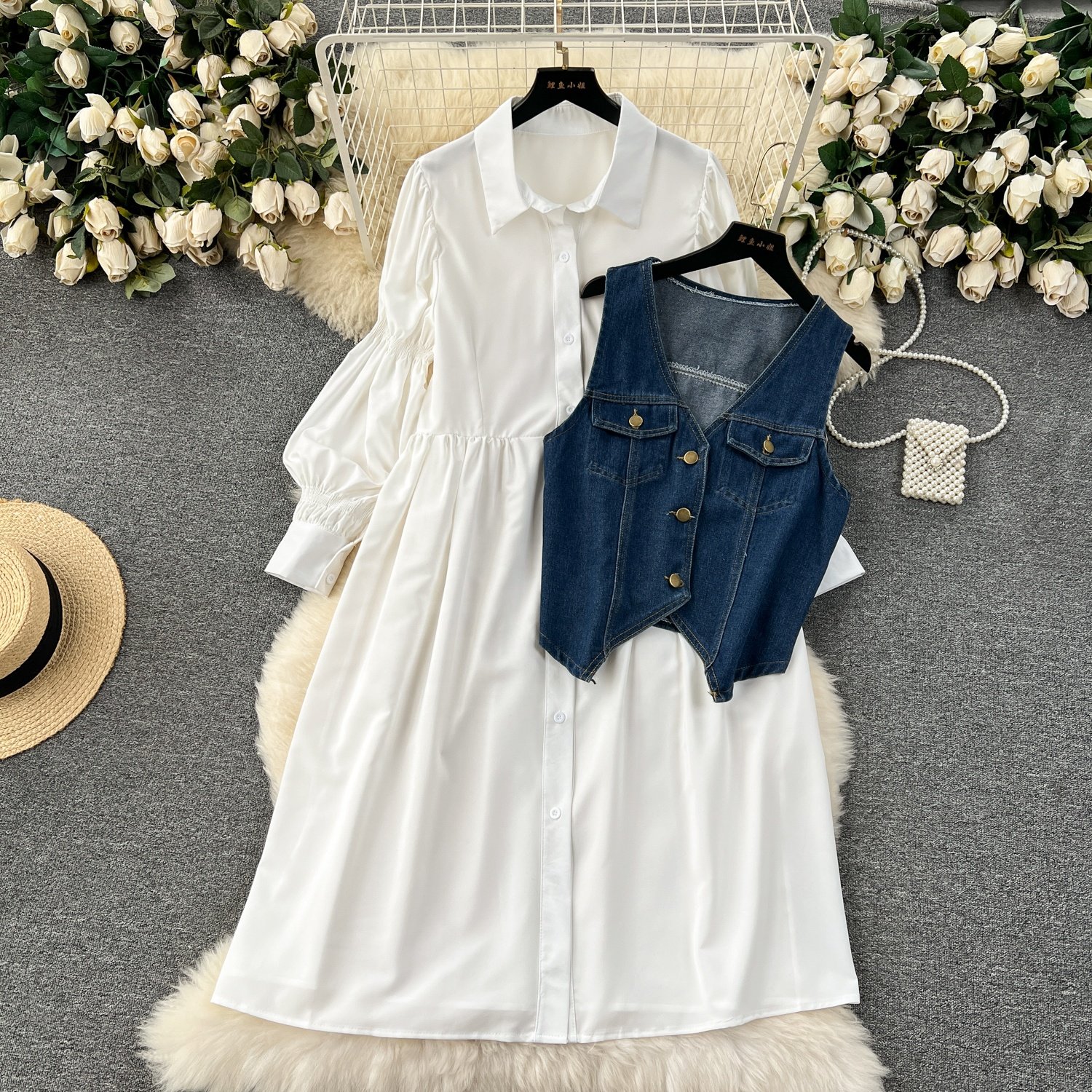 Korean 2 Piece Set For Women Puff Sleeve Top And Denim Dress Set