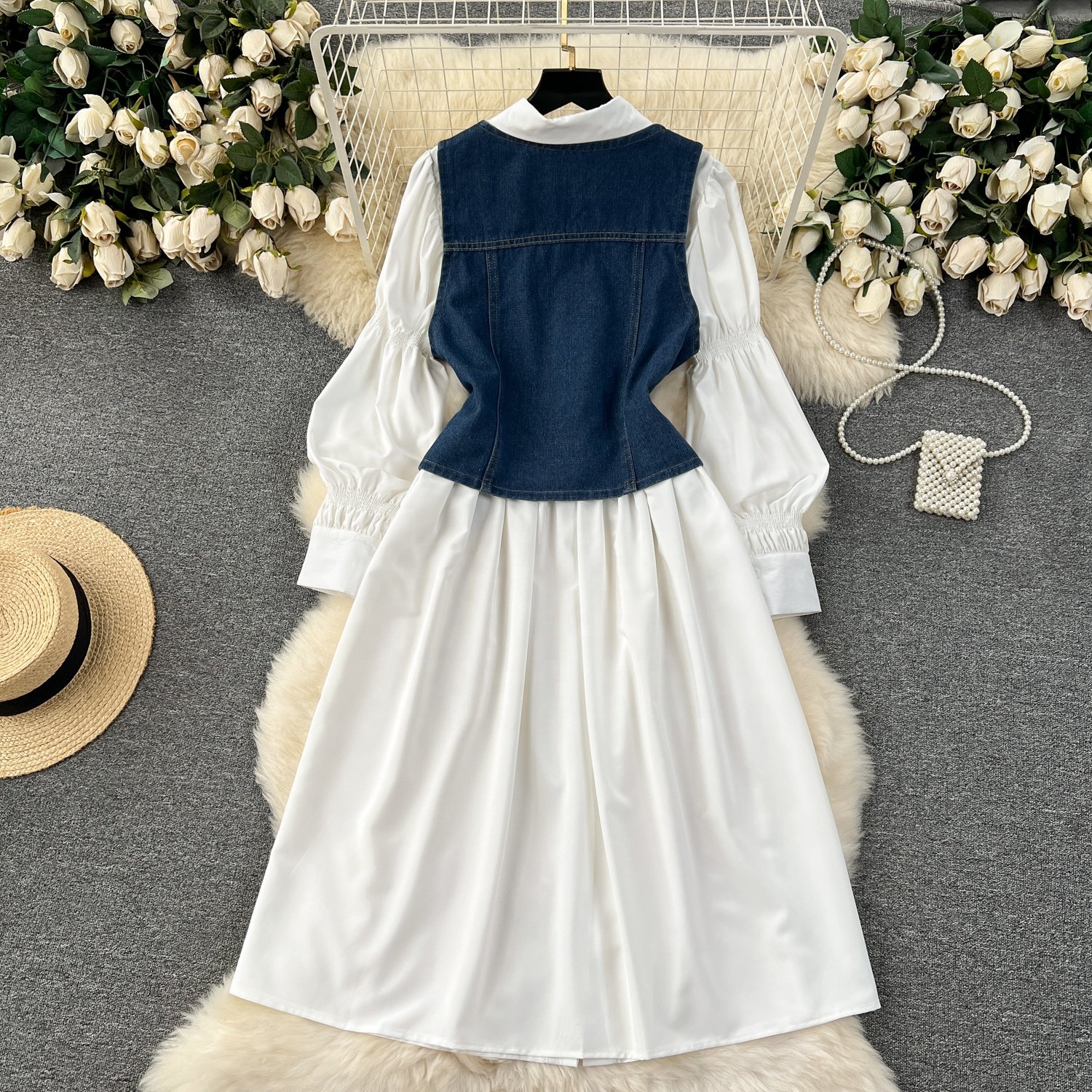 Korean 2 Piece Set For Women Puff Sleeve Top And Denim Dress Set