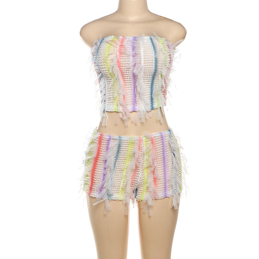 Kliou K24S48604 New Arrivals Two Pieces Shorts Sets Vest+Shorts 2 Piece Set Women Trendy Colorful Tassels Women's Set