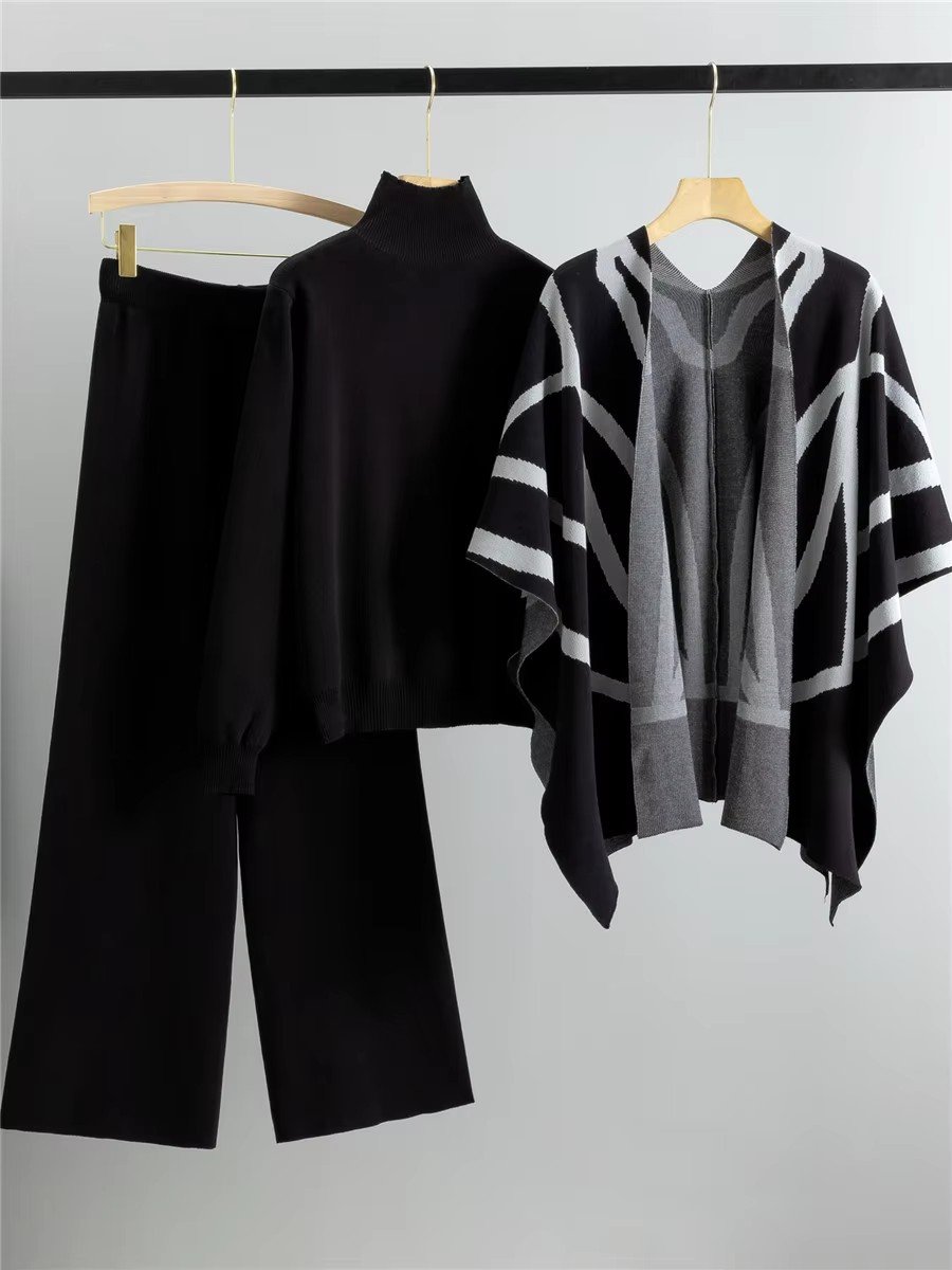 Women's Casual Half High Neck Shawl and Wide Leg Pants Set Simple Knitwear for Spring and Autumn Loose Fit Wholesale 2024